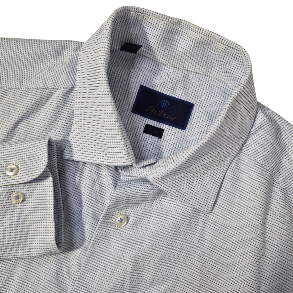 David Donahue Dress Shirt Mens 17.5 34/35 Trim Blue White Cotton Micro Check